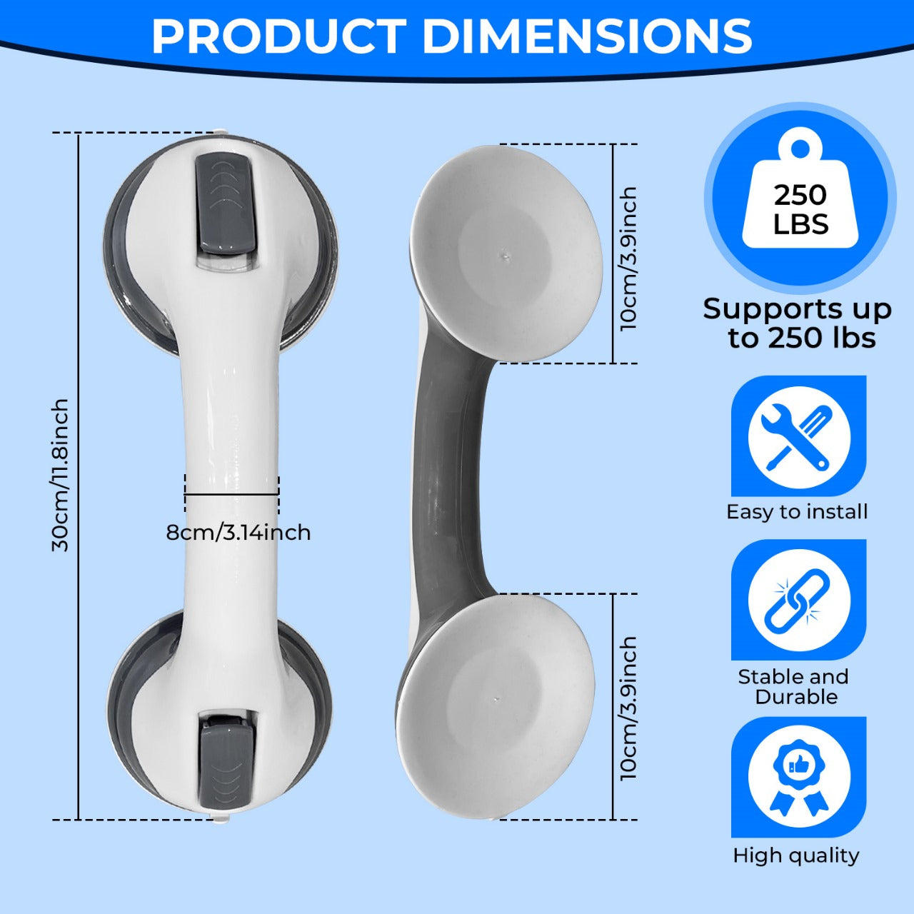 2 Pack 30 cm Super Suction Bathroom Grab Rails